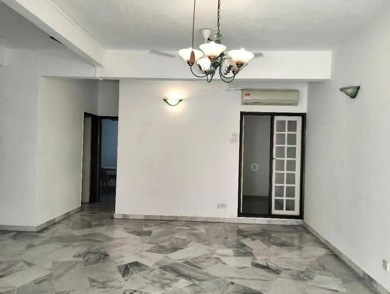 Living features: marble flooring, white painted walls, ceiling with chandelier, 1 wall-mounted split AC, 2 wall sconces, glass door leading to another room, open layout, neutral color scheme; style: modern.