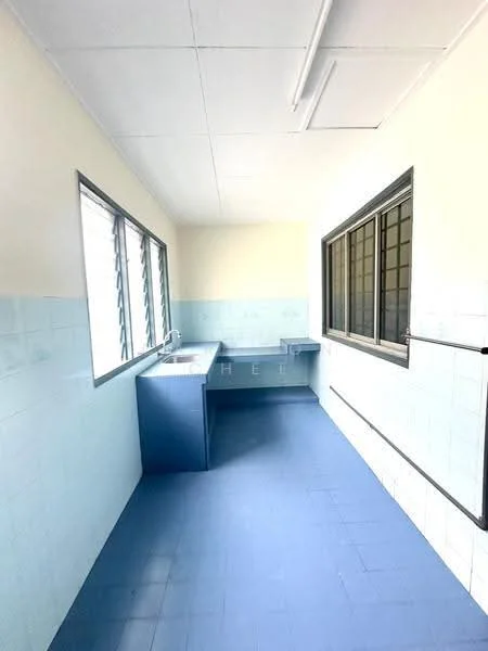 Laundry features: blue tiled flooring, light blue tiled walls, white painted ceiling, single-bowl stainless-steel sink, chrome faucet, window with metal grilles, additional window for ventilation, countertop for folding clothes, wall-mounted drying rack.