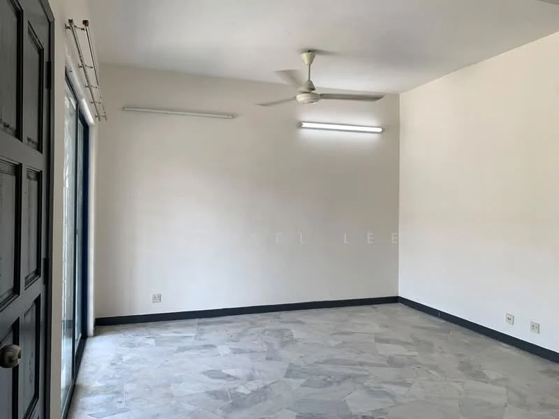 Room features: white painted walls, marble flooring, ceiling fan, sliding glass door, LED strip lighting, window treatments, light switch, power outlets.