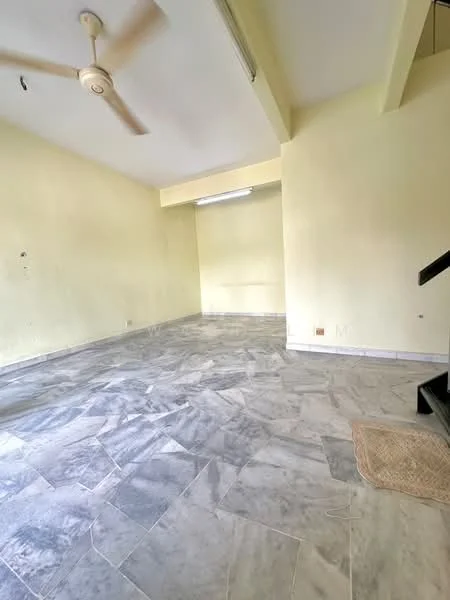 Room features: marble flooring, yellow painted walls, ceiling fan, recessed lighting, staircase, corner area with no visible furniture, large open space.