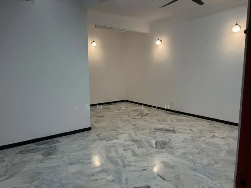 Room features: white painted walls, marble flooring, ceiling fan, recessed downlights, wall-mounted light fixtures; style: modern.