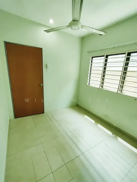 Room features: light green painted walls, tile flooring, 5-blade ceiling fan, window with horizontal slats, wooden door, natural light from window; style: minimalist.