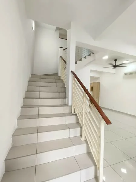 Room features: white painted walls, white ceiling, staircase with wooden handrail, ceramic tile flooring, recessed downlights, ceiling fan, open space, natural light from upper floor; style: modern.