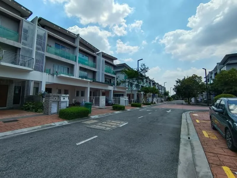Exterior type: linked terrace house; features: two-storey houses, balconies with glass railings, manicured lawns, paved walkway, street lighting, trees lining the street, driveways, brick facade, modern architectural design, open parking spaces; style: modern.