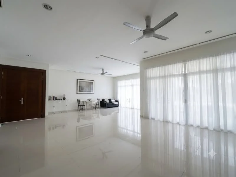 Living features: white painted walls, polished marble flooring, 5-blade ceiling fan with light, floor-to-ceiling windows, sheer curtains, recessed downlights, minimalist furniture, open layout; style: modern; view: garden.