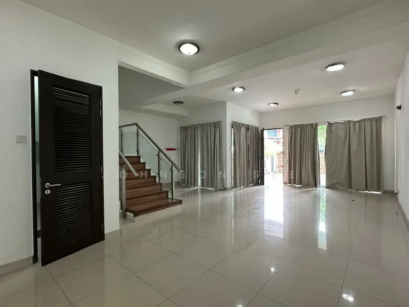 Room features: white painted walls, glossy ceramic tile flooring, recessed downlights, large windows with sheer curtains, double doors with slatted design, staircase with wooden steps, curtains in beige, open layout; style: modern; view: garden.
