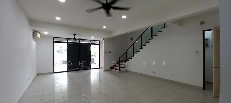 Living features: white painted walls, polished ceramic tile flooring, 5-blade ceiling fan with light, floor-to-ceiling sliding glass door, black metal security grille, staircase with wooden treads, recessed ceiling lights, air conditioning unit; style: modern; view: garden.
