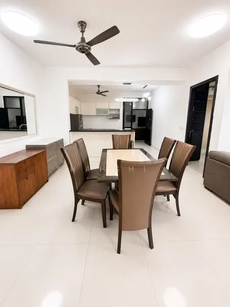 Dining features: 6-seater dining table, upholstered dining chairs in brown, ceiling fan with light, white painted walls, tile flooring, large mirror on wall, wooden sideboard, open kitchen view; style: modern.