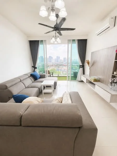 Living features: 3-seater fabric sofa in grey, 2-seater fabric sofa in grey, coffee table, TV console, wall-mounted TV, area rug, 5-blade ceiling fan with light, recessed downlights, floor-to-ceiling windows, curtains, air conditioning unit, decorative plant; style: modern; view: city.