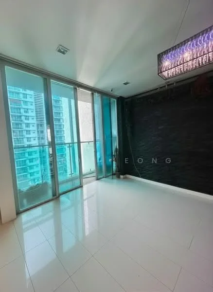 Living features: large floor-to-ceiling windows, sliding glass door, white walls, dark accent wall, glossy white tile flooring, chandelier with multiple lights, plant in corner, natural light from windows; style: modern; view: city.
