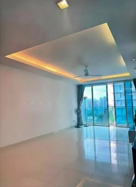 Living features: white painted walls, glossy tile flooring, tray ceiling with recessed lighting, 5-blade ceiling fan with light, floor-to-ceiling windows, curtains, city skyline view, open layout; style: modern; view: city.