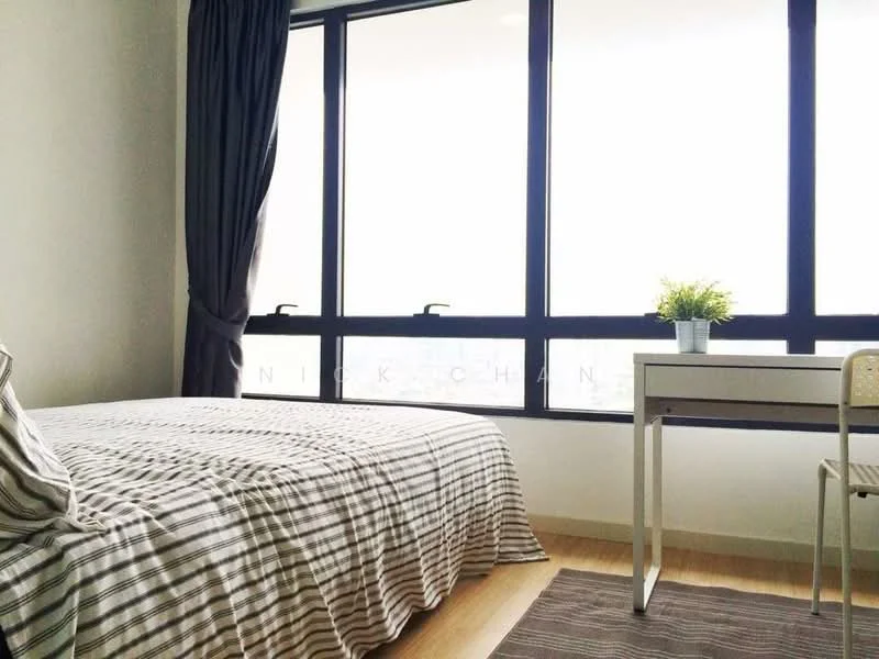 Bedroom features: king-size bed with striped bedding, floor-to-ceiling windows, curtains in dark grey, wooden flooring, study desk with chair, decorative plant on desk, area rug, neutral wall color; style: modern.