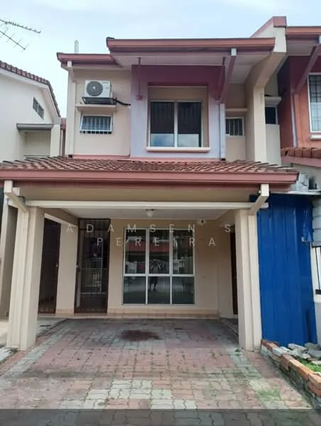 Exterior type: linked terrace house; features: red tiled roof, cream painted facade, ground floor car porch, front garden area with stone-paved walkway, air conditioning unit visible on wall, large front windows, two-storey structure, decorative blue wall section, visible drainage system, security grille on windows; style: modern.