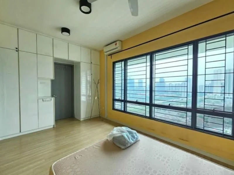 Bedroom features: yellow painted walls, laminate flooring, floor-to-ceiling windows, black window grills, 1 wall-mounted split AC, ceiling fan, built-in wardrobe with white finish, queen-size bed, bedside table, decorative wall light; style: modern; view: city.