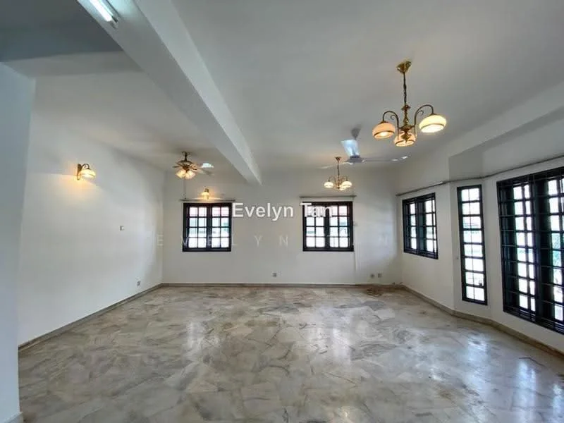 Living features: marble flooring, white painted walls, exposed ceiling beams, 3-blade ceiling fan, 2 pendant lights, multiple wall sconces, floor-to-ceiling windows, black window frames; style: modern.