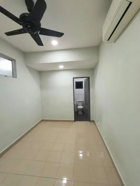 Room features: light green painted walls, glossy beige tile flooring, 5-blade ceiling fan with light, 1 wall-mounted split AC, window with security grille, door leading to bathroom, recessed ceiling lights; style: modern.
