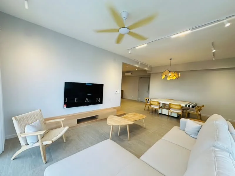 Living features: 5-blade ceiling fan with light, wall-mounted TV, light wood TV console, white sectional sofa, wood coffee table, woven armchair, dining table with chairs, recessed LED downlights, grey tiled flooring, neutral painted walls, large windows with natural light; style: modern.