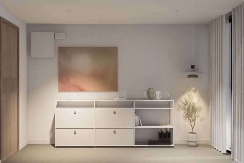 Room features: white shelving unit with drawers, decorative plant in pot, abstract artwork on wall, pendant light fixture, light grey walls, neutral carpet flooring, floor-to-ceiling curtains, wall-mounted air conditioning unit; style: modern.
