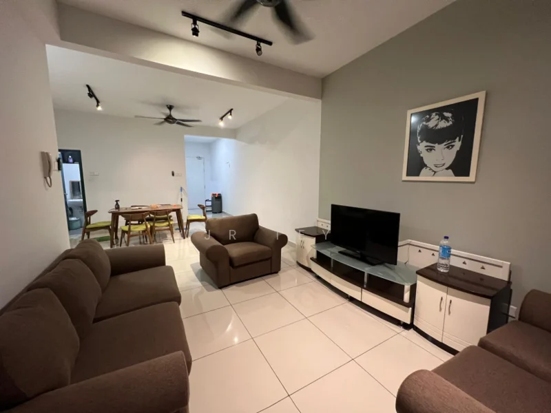Living features: 3-seater fabric sofa in brown, 2-seater fabric sofa in brown, coffee table, wall-mounted TV, TV console, ceiling fan, recessed LED downlights, white painted walls, glossy tile flooring, decorative wall art; style: modern. Dining features: 4-seater dining table, wooden dining chairs; style: modern.