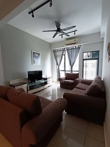 Living features: 5-blade ceiling fan with light, wall-mounted TV, TV console, 3-seater fabric sofa in brown, 2-seater fabric sofa in brown, large windows with sheer curtains, glossy tile flooring, light grey painted walls, recessed lighting, air conditioning unit; style: modern.
