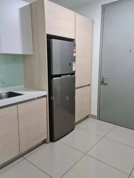 Kitchen features: stainless-steel fridge, single-bowl stainless-steel sink, chrome pull-down faucet, white cabinetry, light wood cabinetry, white countertop, glass backsplash, ceramic tile flooring, recessed downlights; style: modern.