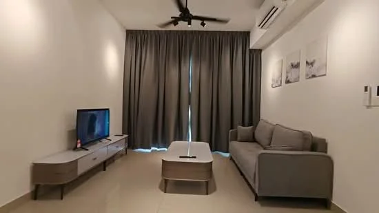 Living features: 3-seater fabric sofa in grey, coffee table, TV console, wall-mounted TV, floor-to-ceiling windows, sheer curtains, ceiling fan, recessed downlights, light-coloured tiled flooring, decorative wall art; style: modern.
