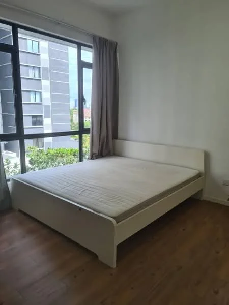 Bedroom features: queen-size bed frame, large window with city view, curtains, wooden flooring, white painted walls, minimalist design; style: modern; view: city.