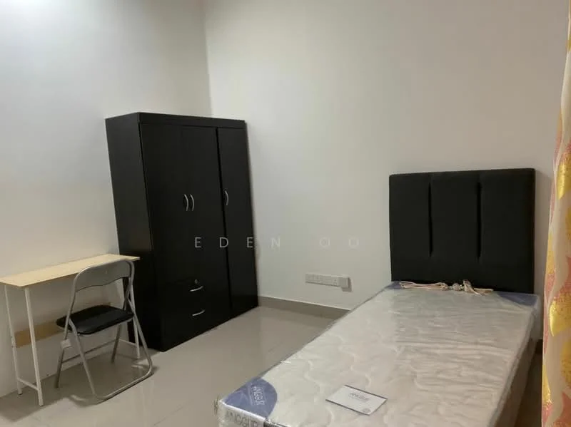 Bedroom features: single bed with mattress, upholstered headboard, black wardrobe with two doors, wooden study desk, metal folding chair, white painted walls, glossy tile flooring, curtains, power outlet on wall; style: modern.