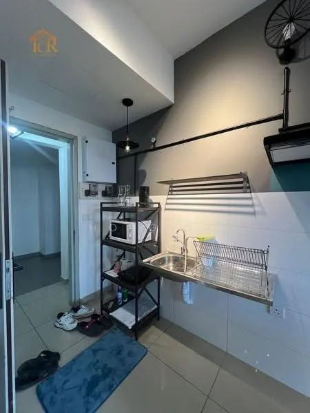 Kitchen features: stainless-steel sink, chrome pull-down faucet, white tiled backsplash, black metal shelving unit, microwave, dish drying rack, grey painted walls, recessed downlights, floor tiles in light grey, black wall-mounted light fixture; style: modern.