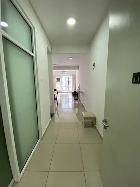 Hallway features: white painted walls, glossy tile flooring, recessed downlights, glass panel door, open layout, natural light from windows, neutral color scheme, box for storage; style: modern.