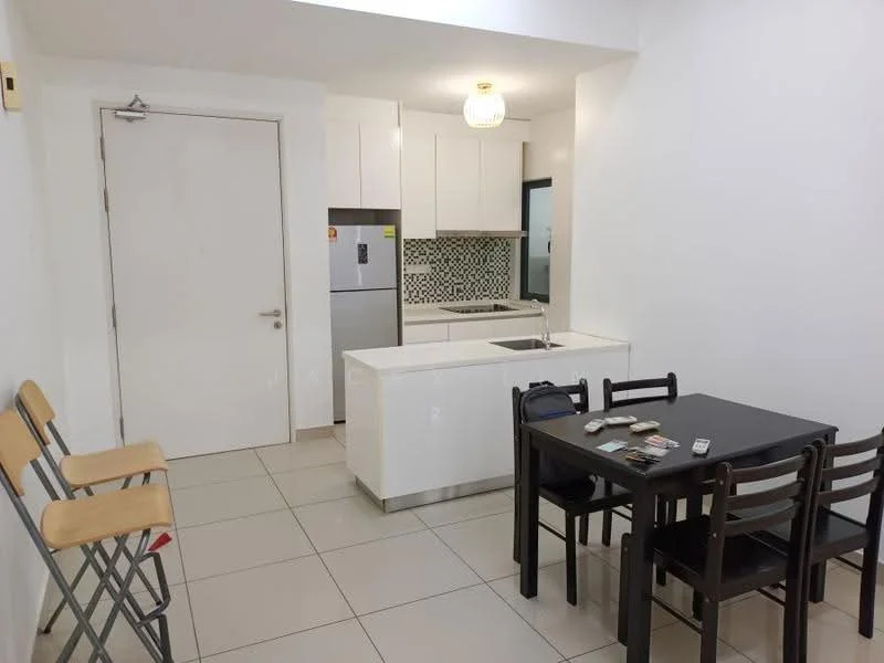 Kitchen features: white cabinetry, stainless-steel fridge, white countertop, single-bowl stainless-steel sink, chrome pull-down faucet, mosaic tile backsplash, built-in oven, 4-burner gas hob, pendant light, tile flooring, open-plan layout, dining table with chairs, bar stools; style: modern.