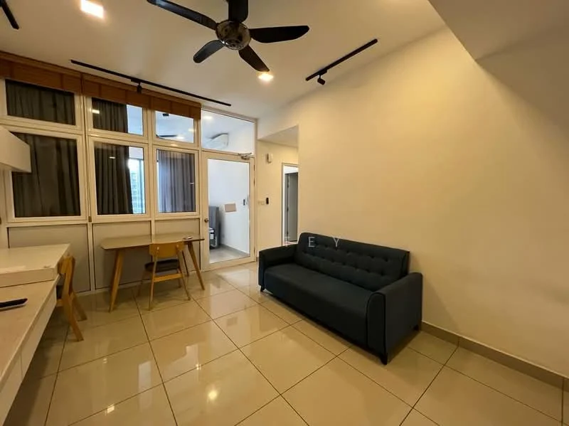 Living features: 3-seater fabric sofa in navy blue, dining table with wooden legs, 4 dining chairs, white painted walls, glossy beige tile flooring, ceiling fan with 5 blades, large windows with sheer curtains, recessed lighting, open layout, wall-mounted TV, decorative wall paneling; style: modern.