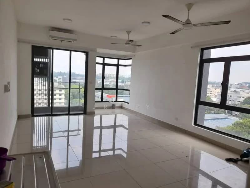 Living features: white painted walls, polished ceramic tile flooring, 5-blade ceiling fan with light, 2 wall-mounted split AC units, floor-to-ceiling windows, sliding glass door, city view, natural light from windows; style: modern; view: city.