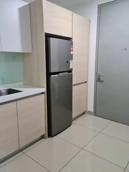 Kitchen features: stainless-steel fridge, white cabinetry, light wood cabinetry, grey countertop, single-bowl stainless-steel sink, chrome faucet, ceramic tile flooring, glass backsplash, built-in cabinetry, door to exterior; style: modern.