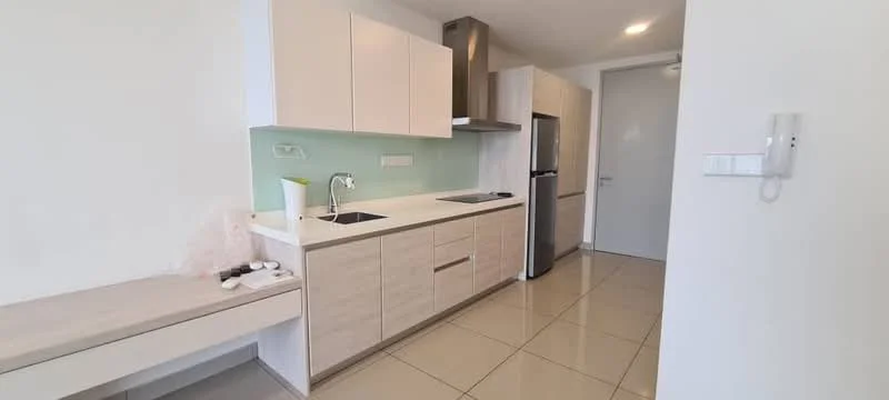 Kitchen features: white cabinetry with flat-panel doors, light wood finish on cabinets, single-bowl stainless-steel sink, chrome pull-down faucet, black countertop, built-in refrigerator, built-in oven, ceramic tile flooring, light green backsplash, recessed downlights, open shelving, wall-mounted cabinet, kitchen island with seating area; style: modern.