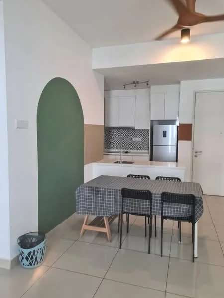 Dining features: dining table with checkered tablecloth, 4 black dining chairs, green accent wall, white cabinets, stainless-steel fridge, built-in kitchen countertop, grey backsplash tiles, ceiling fan; style: modern.