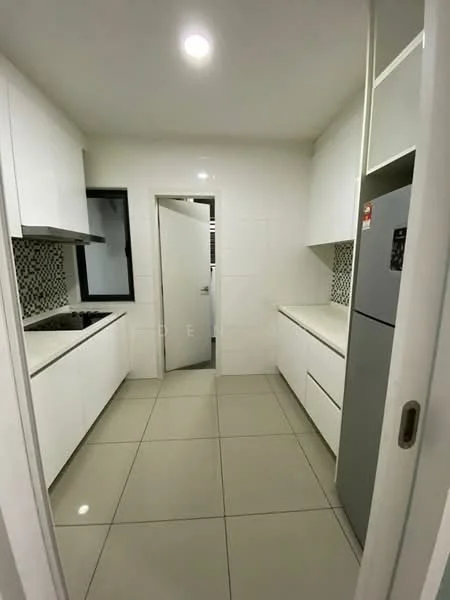 Kitchen features: white flat-panel cabinets, grey countertop, black gas hob, stainless-steel range hood, built-in refrigerator, white tiled backsplash with geometric pattern, large floor tiles, single-bowl stainless-steel sink, window for natural light, door leading to another area; style: modern.