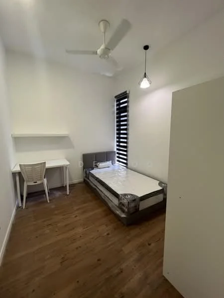 Bedroom features: single bed, white bedding, wooden flooring, ceiling fan, desk with chair, blackout blinds, pendant light, white walls; style: modern.