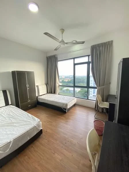 Bedroom features: two single beds, wooden flooring, floor-to-ceiling windows, curtains, ceiling fan, study desk, office chair, wardrobe with sliding doors, waste bin; style: modern; view: city.