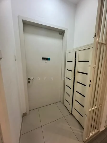 Room features: white painted walls, light grey floor tiles, white door with a handle, mailbox unit with multiple compartments, built-in storage cabinets, minimalist design, intercom panel, wall-mounted light fixture; style: modern.