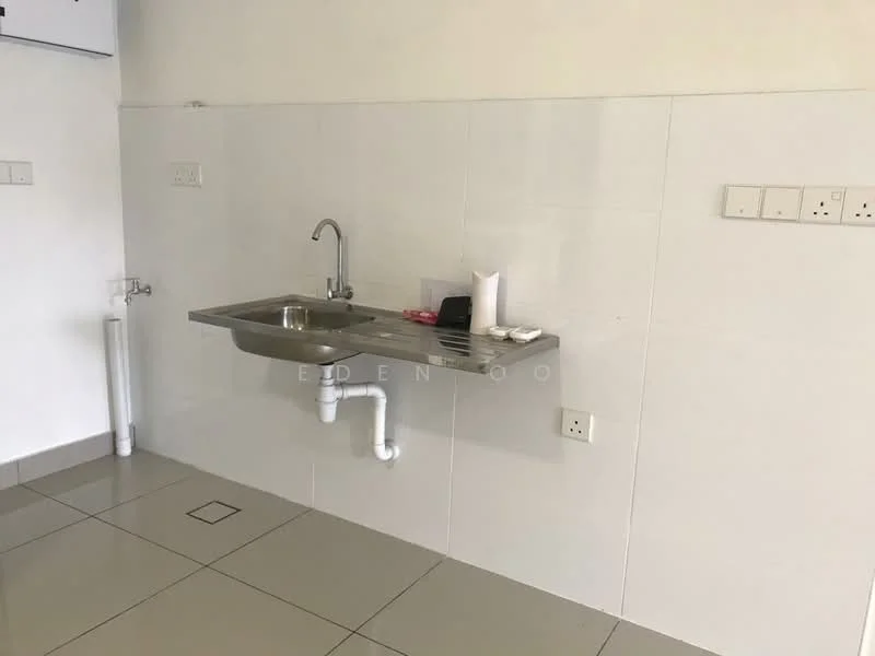 Room features: stainless-steel sink, chrome faucet, white tiled walls, grey floor tiles, wall-mounted countertop, drainage pipe visible, electrical outlets, minimalist design; style: modern.