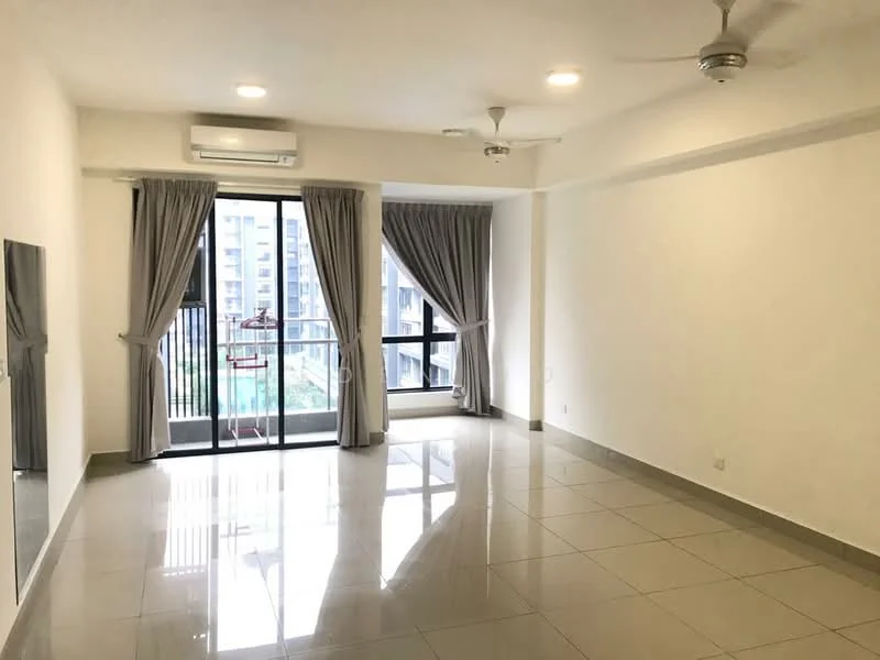 Living features: white painted walls, glossy ceramic tile flooring, 5-blade ceiling fan with light, recessed downlights, floor-to-ceiling windows, sliding glass door, sheer curtains, curtains, wall-mounted mirror; style: modern; view: city.