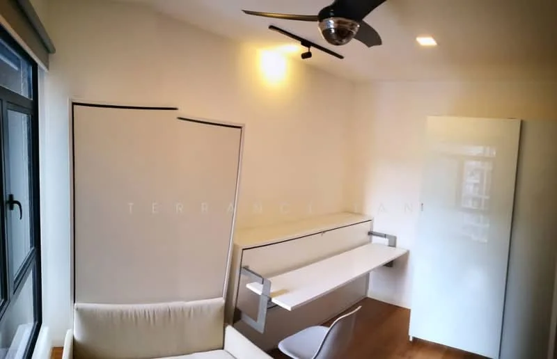 Room features: white painted walls, wooden flooring, 5-blade ceiling fan, built-in desk with white surface, white cabinetry, large window, natural light, upholstered sofa; style: modern.