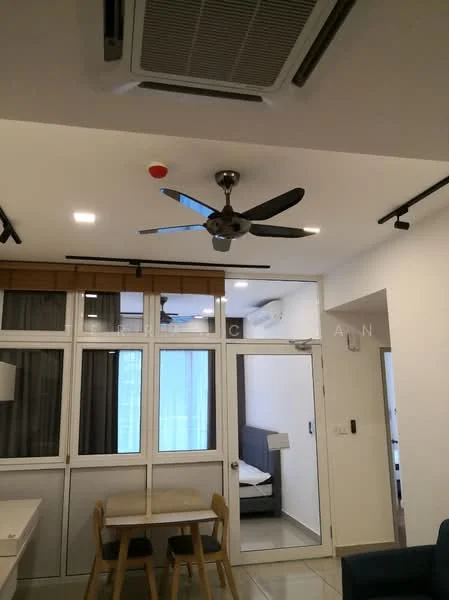 Room features: white painted walls, ceiling fan with 5 blades, recessed LED downlights, sliding glass door, floor-to-ceiling windows, tile flooring, dining table with wooden legs, air conditioning unit, curtains, track lighting; style: modern.