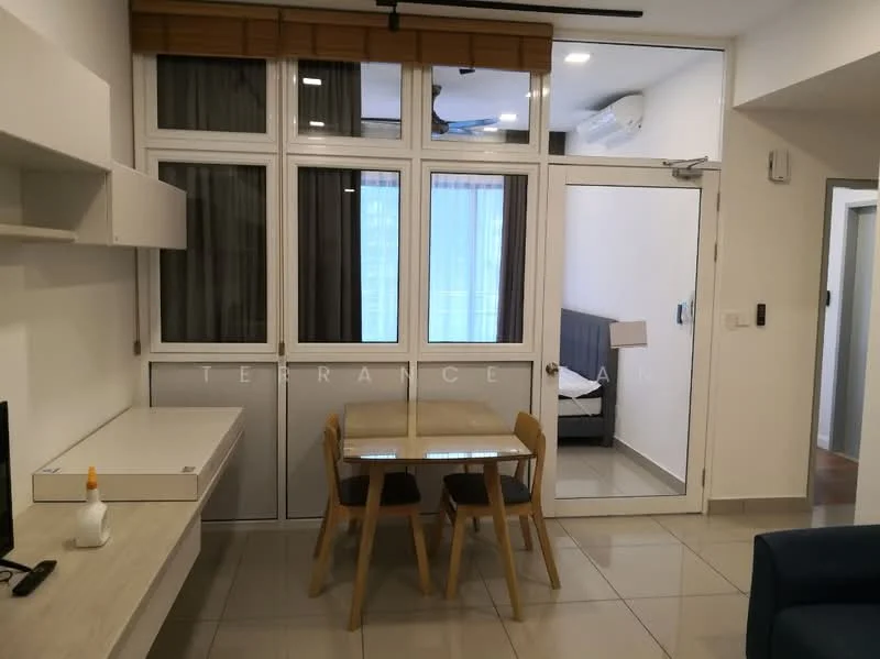 Living features: grey fabric sofa, glass dining table, wooden dining chairs, white painted walls, tile flooring, floor-to-ceiling windows, curtains, wall-mounted air conditioning unit, ceiling fan, light fixture, shelving unit, door leading to bedroom; style: modern.