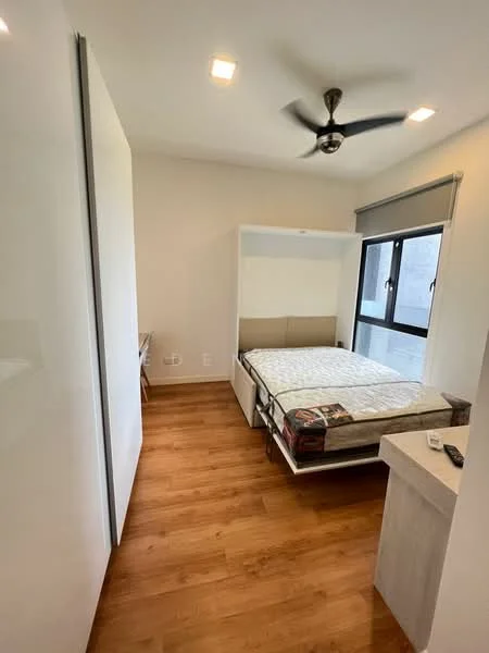 Bedroom features: queen-size bed, wooden flooring, white painted walls, ceiling fan, two windows with roller blinds, built-in wardrobe with sliding doors, nightstand, study desk, decorative wall art; style: modern.