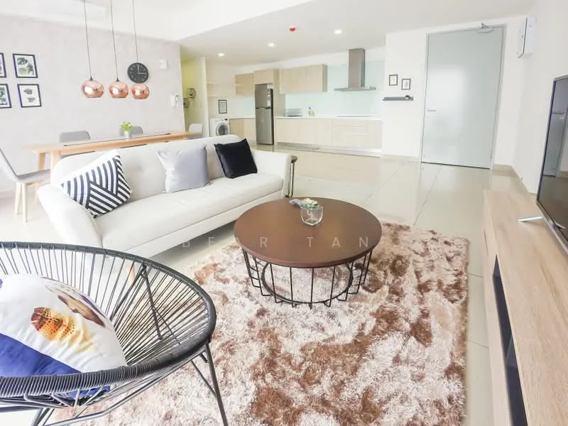 Living features: 3-seater fabric sofa in white, round coffee table with black metal base, area rug with shaggy texture, wall-mounted TV, TV console in light wood, pendant lights with copper finish, dining table with wooden surface, black wire accent chair, large windows for natural light, neutral painted walls, ceramic tile flooring, open-plan layout; style: modern.