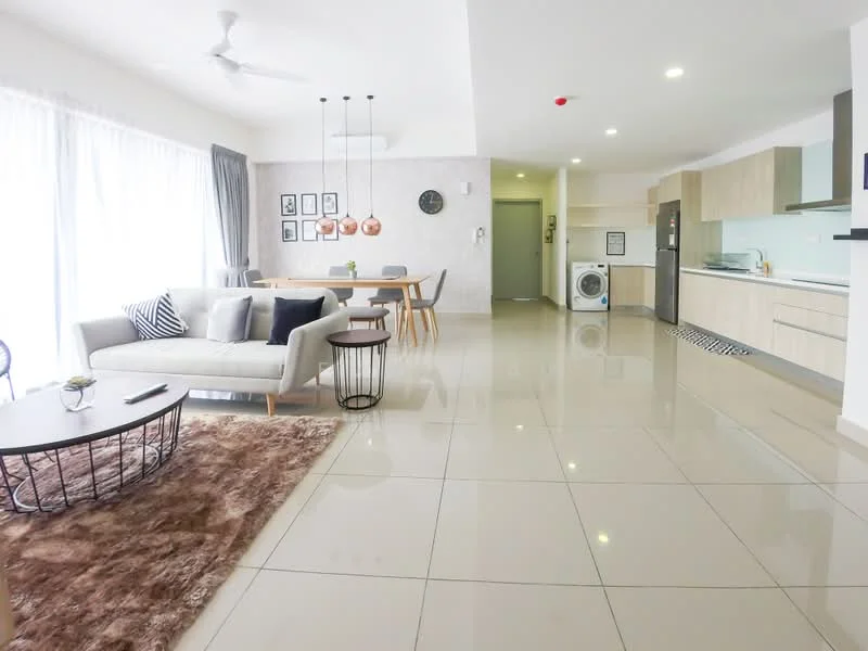 Living features: 3-seater fabric sofa in light grey, coffee table with round top, area rug with geometric pattern, floor-to-ceiling windows with sheer curtains, ceiling fan, wall-mounted TV, decorative wall art, dining table with 6 chairs, open-plan layout, polished ceramic tile flooring, recessed downlights, washing machine, kitchen cabinetry with light wood finish, kitchen countertop with integrated sink; style: modern; view: garden.
