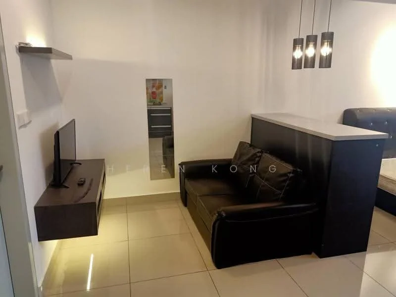 Living features: black leather sofa, wall-mounted TV console, flat-screen TV, pendant lighting with three bulbs, white walls, glossy tile flooring, open layout, kitchen counter with bar seating; style: modern.