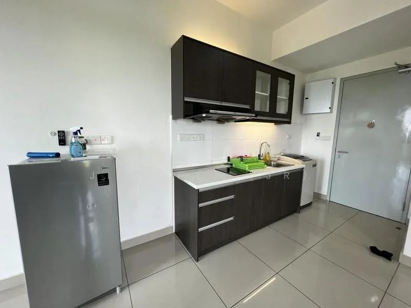 Kitchen features: grey cabinetry, white countertop, single-bowl stainless-steel sink, chrome pull-down faucet, built-in stove with hood, refrigerator, green cutting board, white tiled backsplash, grey tiled flooring, wall-mounted electrical panel, door to hallway; style: modern.